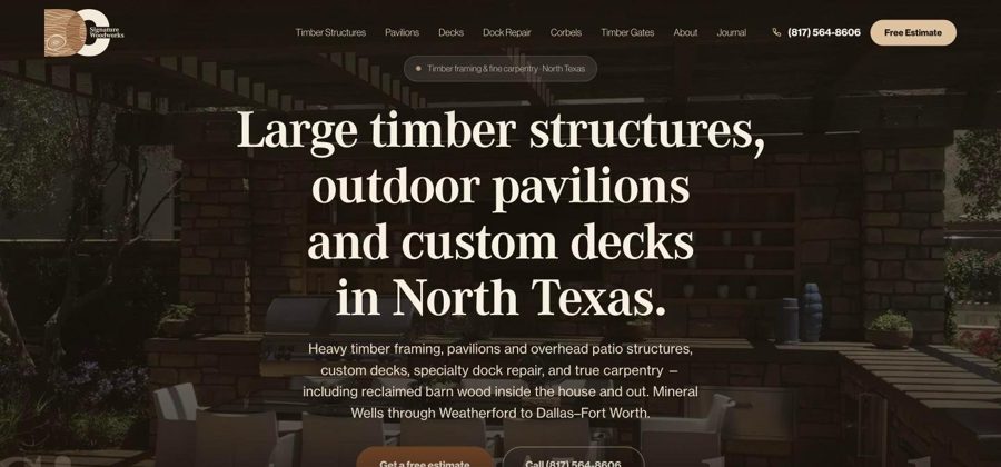 DC Signature Woodworks homepage, showing a timber pavilion behind the headline Large timber structures, outdoor pavilions and custom decks in North Texas