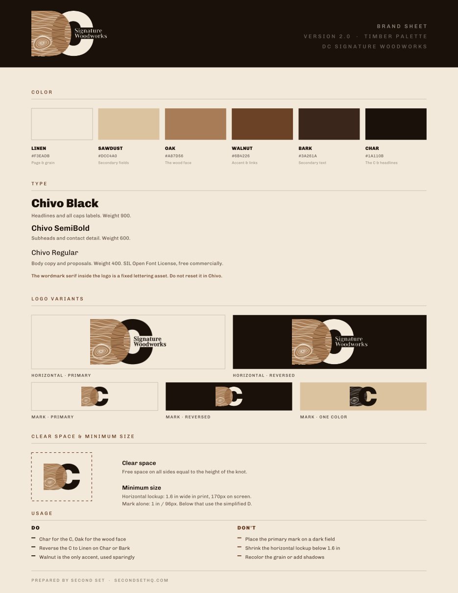 DC Signature Woodworks brand sheet showing the timber color palette, Chivo type scale, logo variants, clear space rules and usage do and don't lists