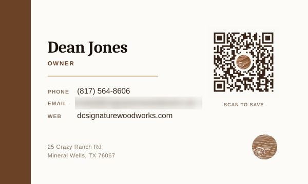 DC Signature Woodworks business card back with contact details