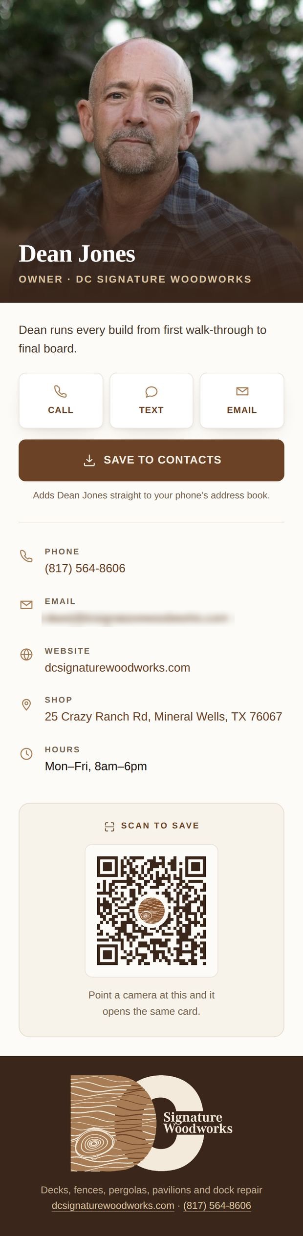 Digital contact card for Dean Jones with call, text and email buttons, a save to contacts button and a QR code