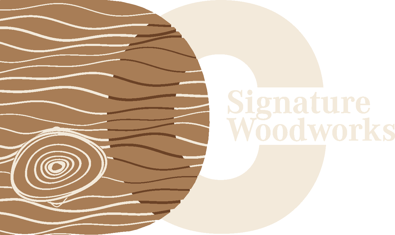 DC Signature Woodworks horizontal logo reversed out of a dark background